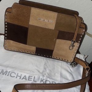 Suede tan, beige, brown checkered Michael Kors crossbody bag.